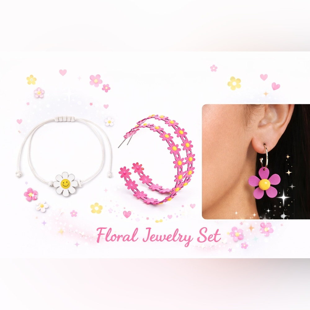 “Floral Jewelry Set – Earrings, Bracelet & Hoops”